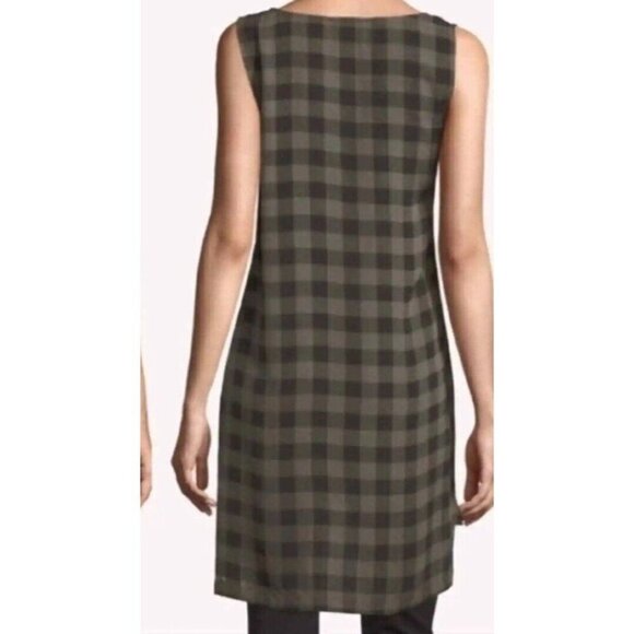 Eileen Fisher 100% Silk Sheer Plaid Sleeveless‎ Hi Low Tunic Black Olive Green S - Picture 2 of 10